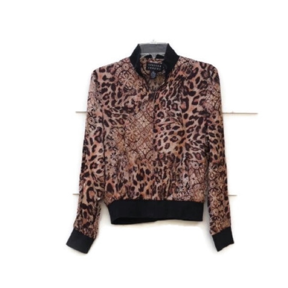 Spenser Jeremy Leopard Print 100% Silk Sweater Long Sleeve Front Zip